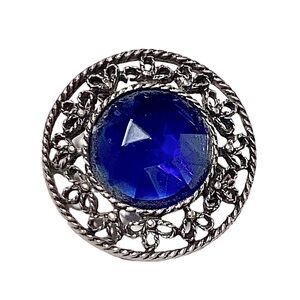 Blue Facaded Glass Stone Silver Tone Floral Statement Brooch Vintage